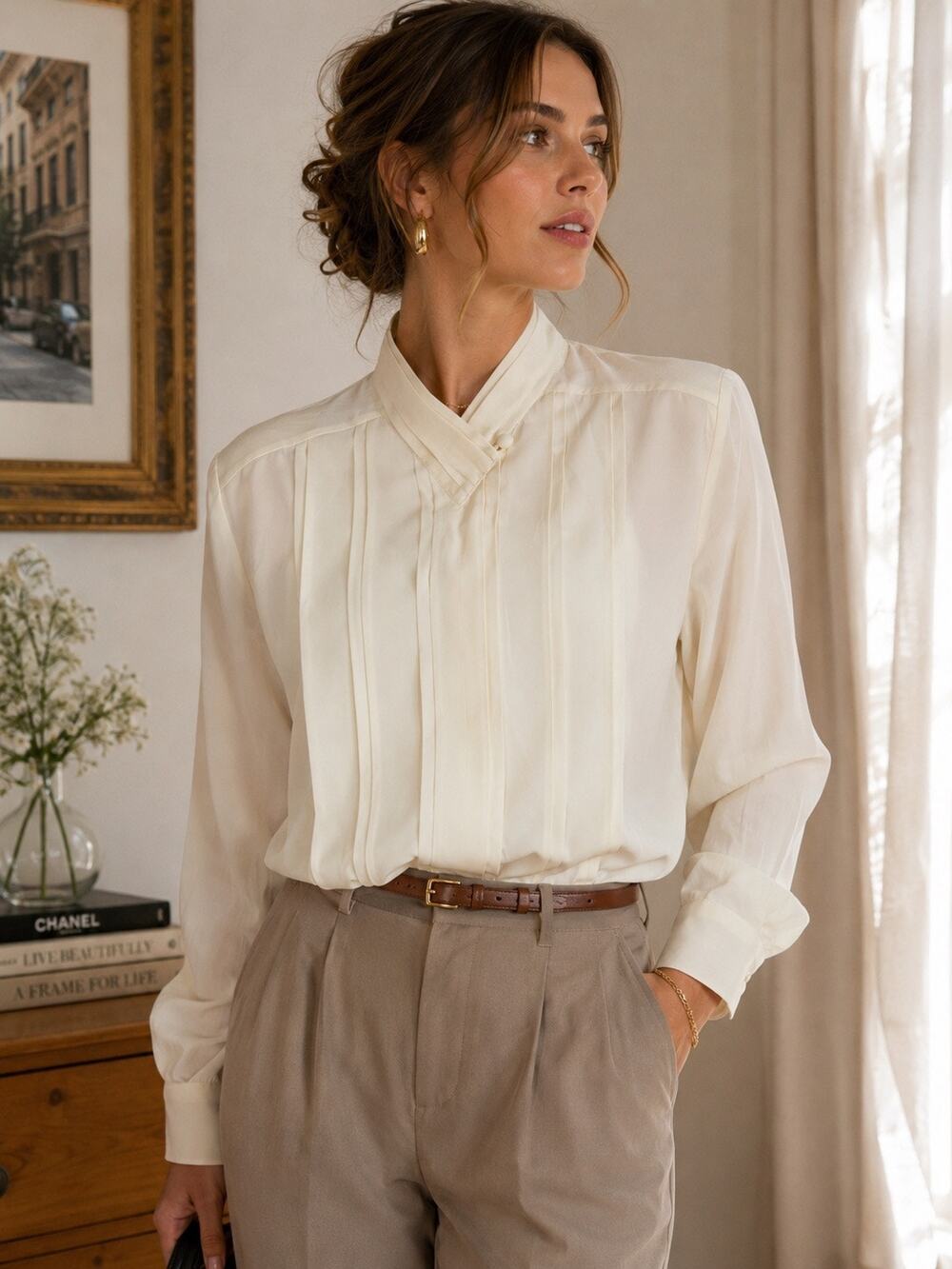 Vintage Christie & Jill Ivory Pleated Blouse Petite 12P Career Wear